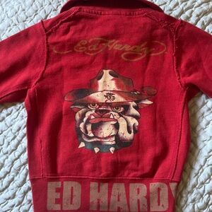 NWT Ed Hardy Kids - Red Bulldog Distressed Graphic Zip Up Jacket - Rare - SZ 8